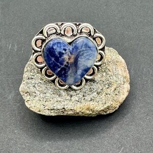 Blue Heart Silver Ring with Intricate Metalwork